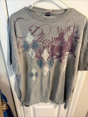 Phat Farm Gray Graphic Short Sleeve Tee with Purple and Blue Accents